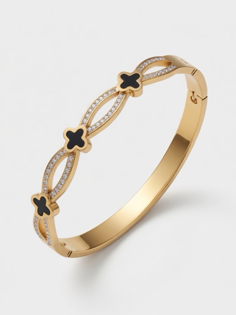 Fashion Jewelry Gold Bangle with Black Clover Accents